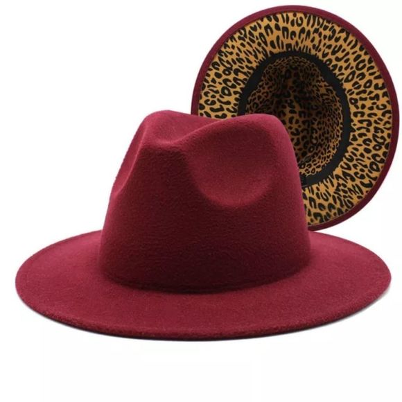 Burgundy Fedora Hat with Animal Print base - Picture 2 of 2